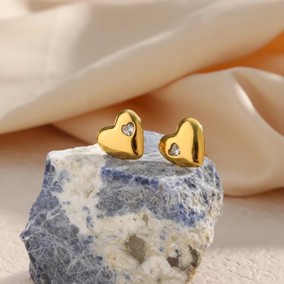 Heart Stud Earrings with Embedded Zircon 18K Gold Plated Stainless Steel - Picture 6 of 9